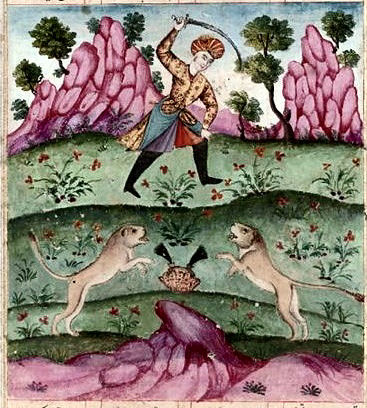 Bahram gaining the crown from between two lions